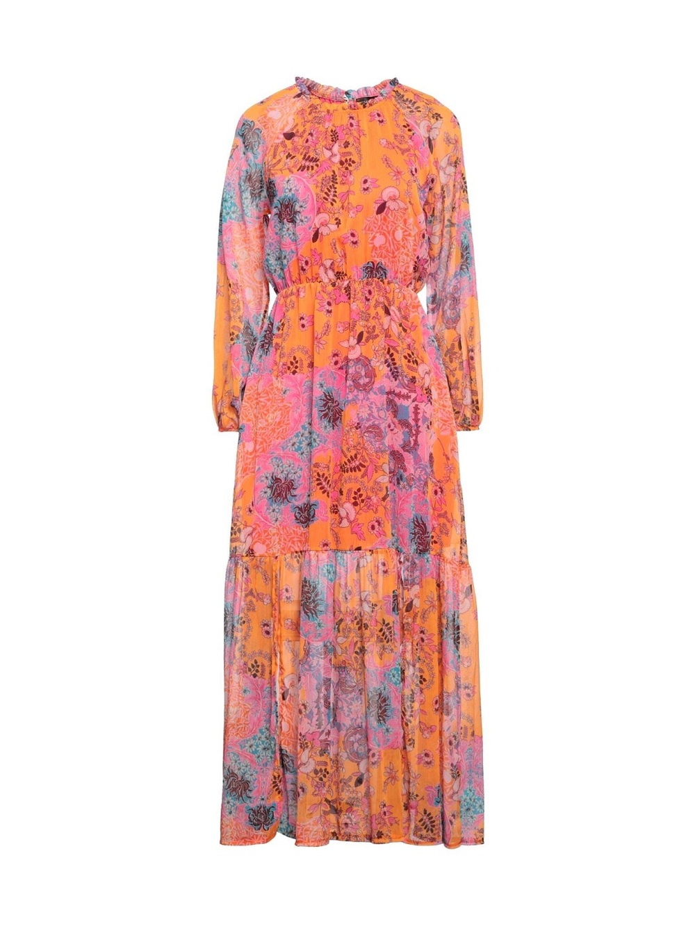Printed Tiered Maxi Dress in Orange and Pink